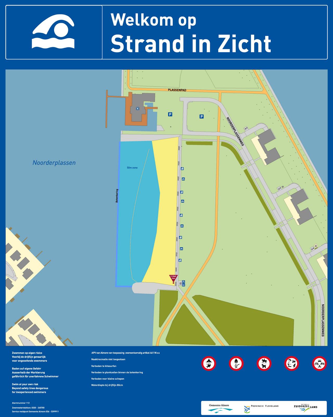 Het informatiebord bij zwemlocatie Strand in Zicht, Noorderplassen